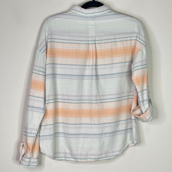 PrAna Percy Striped Roll Tab Sleeve Organic Cotton Shirt Women's Size Small - Picture 2 of 5